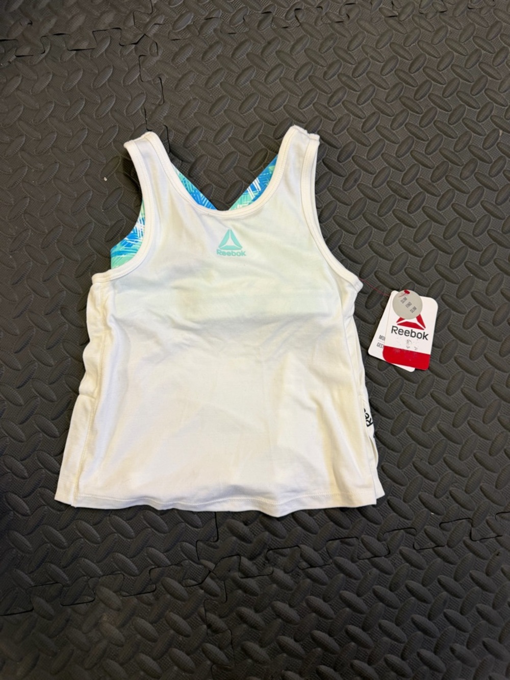 Reebok White Swim Tank with Blue Geometric Trim